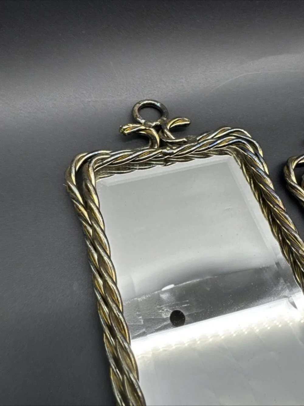 Vtg Midcentury French Gold Twisted Metal Rope Tassel Mirrored Candle Sconce Pair